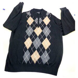 Carnoustie Mens Argyle Black Sweater 1/4 Zip Pullover Size Med Cotton Blend Casu
